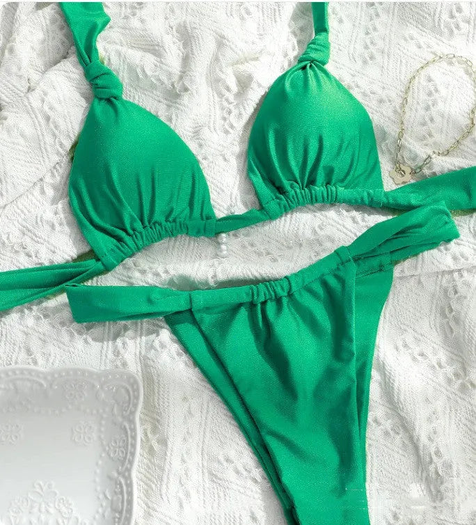 Women's adjustable bikini swimsuit in Beijing blue with split strap and knotted design for swimming