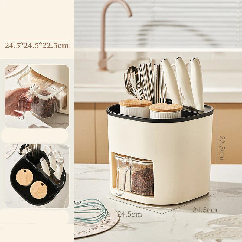 Multifunctional kitchen storage caddy with 4-compartment spice rack, rotating design, and ample storage space for utensils and seasonings