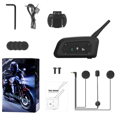 V6 Pro motorcycle helmet Bluetooth intercom unit with mounting hardware and headphones