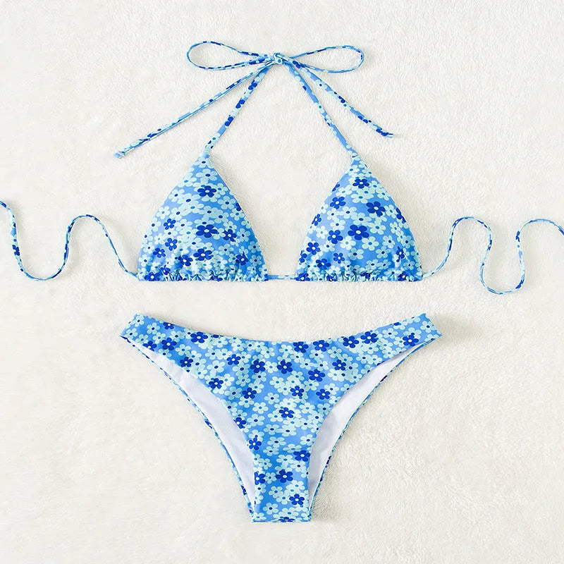 Women's Swimsuit Bikini Top with Lace Up Front and High-Leg Split Bottoms - Blue Printed Polyester Set Sleeveless for Adult Women - Sizes S M L XL XS Available