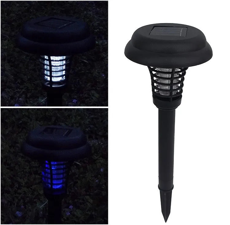 Black solar LED anti-mosquito lamp with UV bug zapper, metal grill and solar panel for outdoor garden use