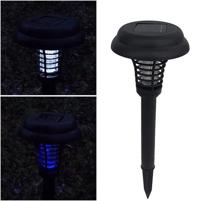 Black solar LED anti-mosquito lamp with UV bug zapper, metal grill and solar panel for outdoor garden use