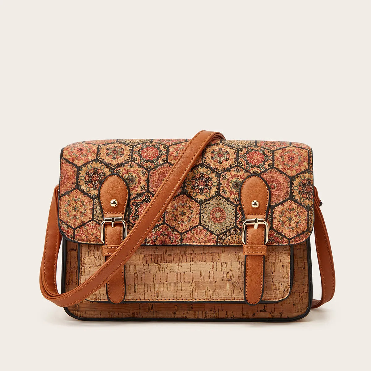 Women's one-shoulder crossbody bag with printed design in green colour, showing large capacity and single strap.