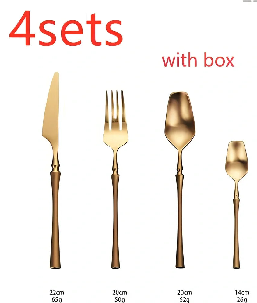 Four-piece stainless steel cutlery set showing main knife, fork, spoon, and teaspoon with mirror finish