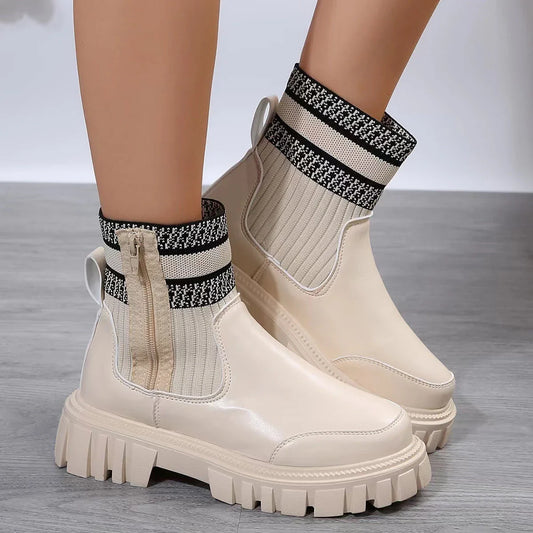 Stylish mid-calf boots with zipper design, non-slip thick sole, and elastic knitted patchwork upper for women's winter wear