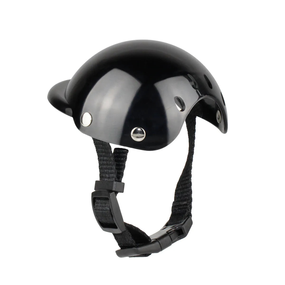 Black pet helmet for dogs and cats with adjustable strap, ABS shell, sizes S and M