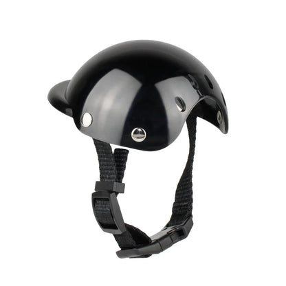 Black pet helmet for dogs and cats with adjustable strap, ABS shell, sizes S and M