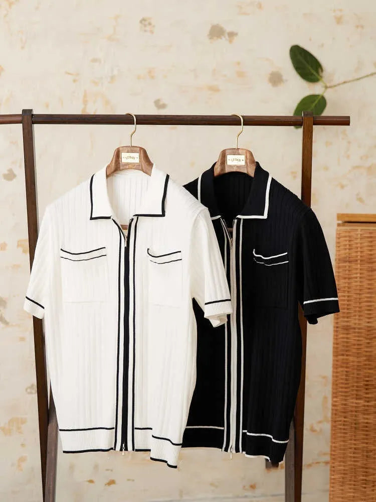Slim elastic lapel short-sleeved polo shirt in black or white, showing lapel collar and slim fit design.