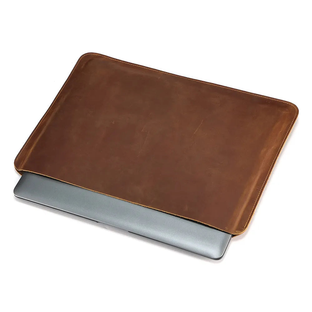Brown genuine first-layer cowhide leather horizontal laptop organiser bag with structured compartments