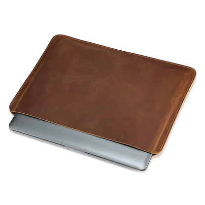 Brown genuine first-layer cowhide leather horizontal laptop organiser bag with structured compartments