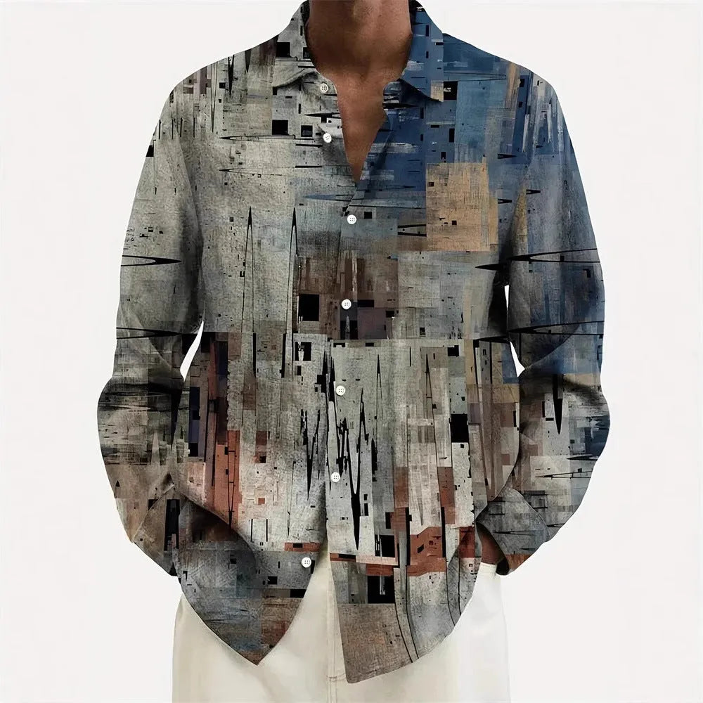 Man wearing a loose-fit, long sleeve Hawaiian shirt with a floral pattern