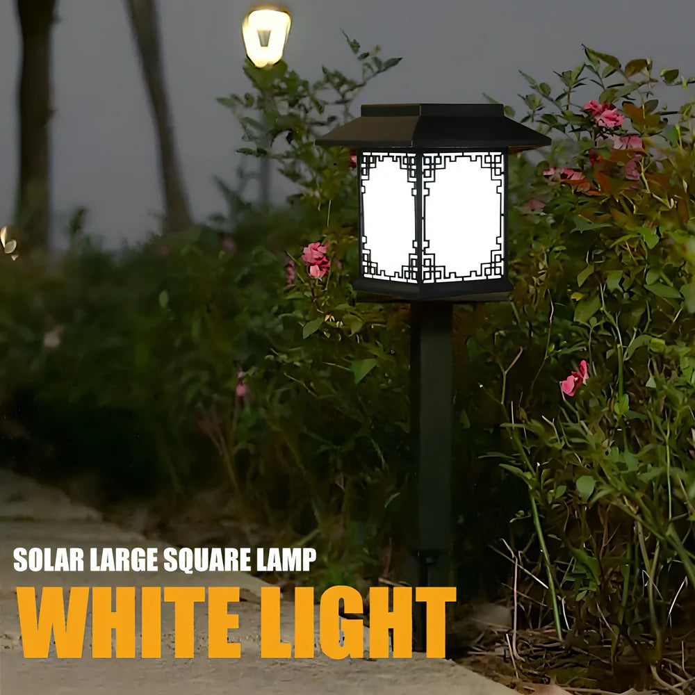 Square solar garden light with LED illumination for outdoor pathways