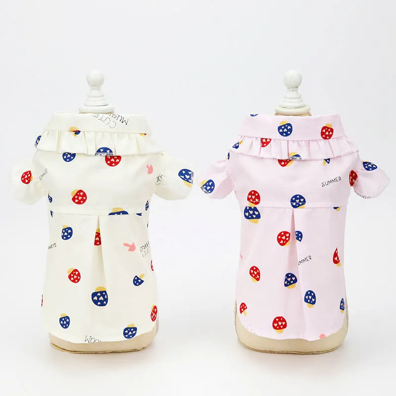 Cotton puppy shirt vest in pink or beige, mushroom design, sizes S to XXL for small dogs