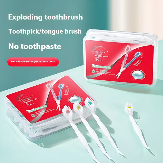Box of disposable bead toothbrushes in mint, peach, plum green tea, and mixed flavours for travel.