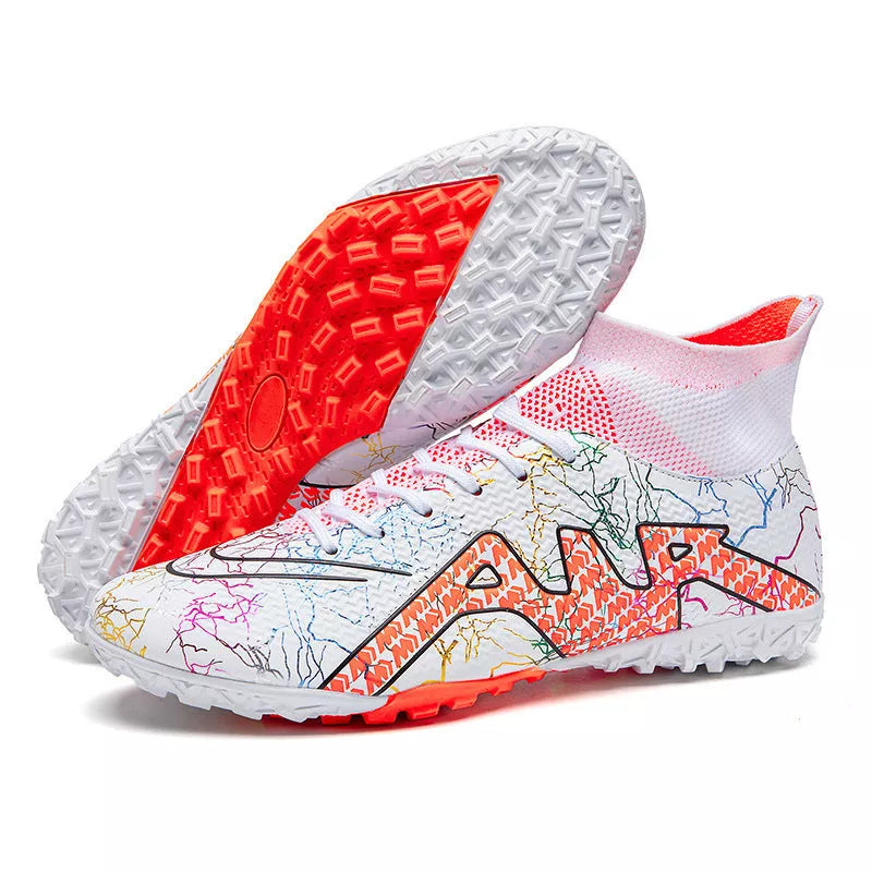 High-top Soccer Spike Special Shoes in black gold, white orange, and orange colors