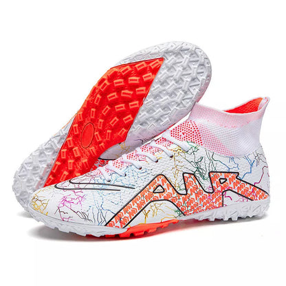 High-top Soccer Spike Special Shoes in black gold, white orange, and orange colors