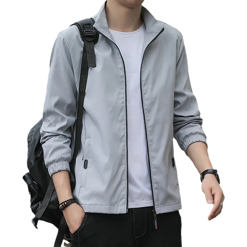Korean-style loose lapel autumn jacket in black, grey, blue, dark blue, or navy blue with zipper pockets