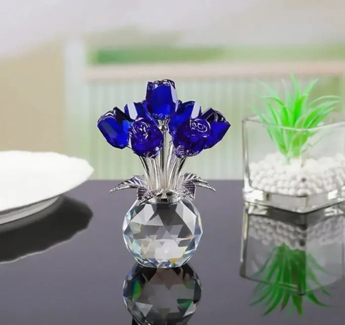 K9 crystal glass rose ornament in a geometric shape with a Chinese style, shown in one of seven available colours.