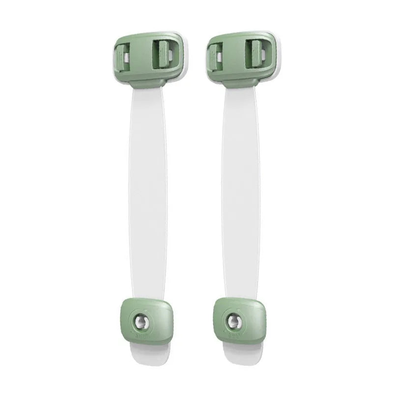 Grey adjustable child safety lock strap with 3M adhesive, shown securing a cabinet door.