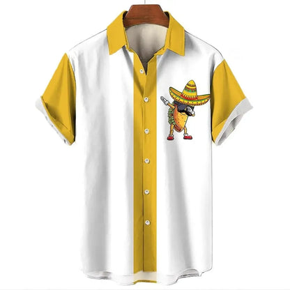 Man wearing a striped short-sleeve Hawaiian shirt with a button-up front in a casual setting.