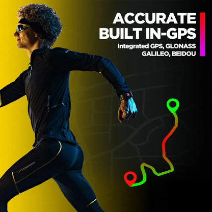 Black GPS sports smart watch with 1.78-inch LCD display and rubber wrist strap showing health metrics