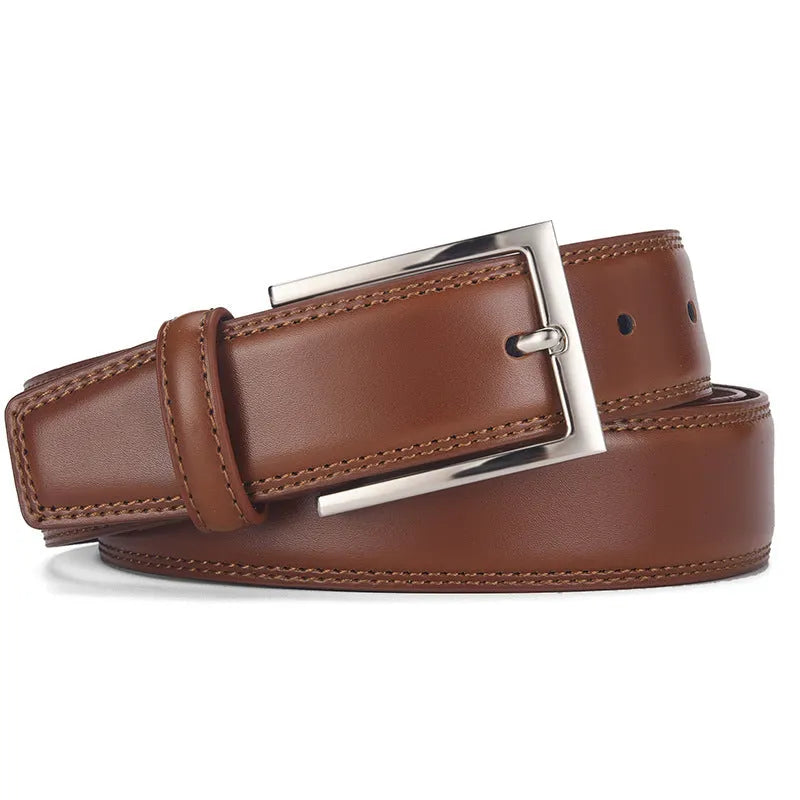 Men's black leather belt with a silver alloy pin buckle laid flat showing its length and width