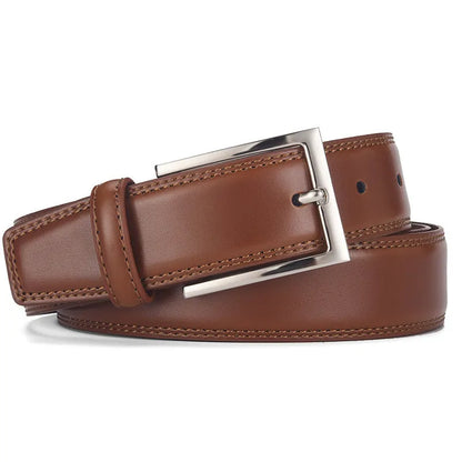 Men's black leather belt with a silver alloy pin buckle laid flat showing its length and width