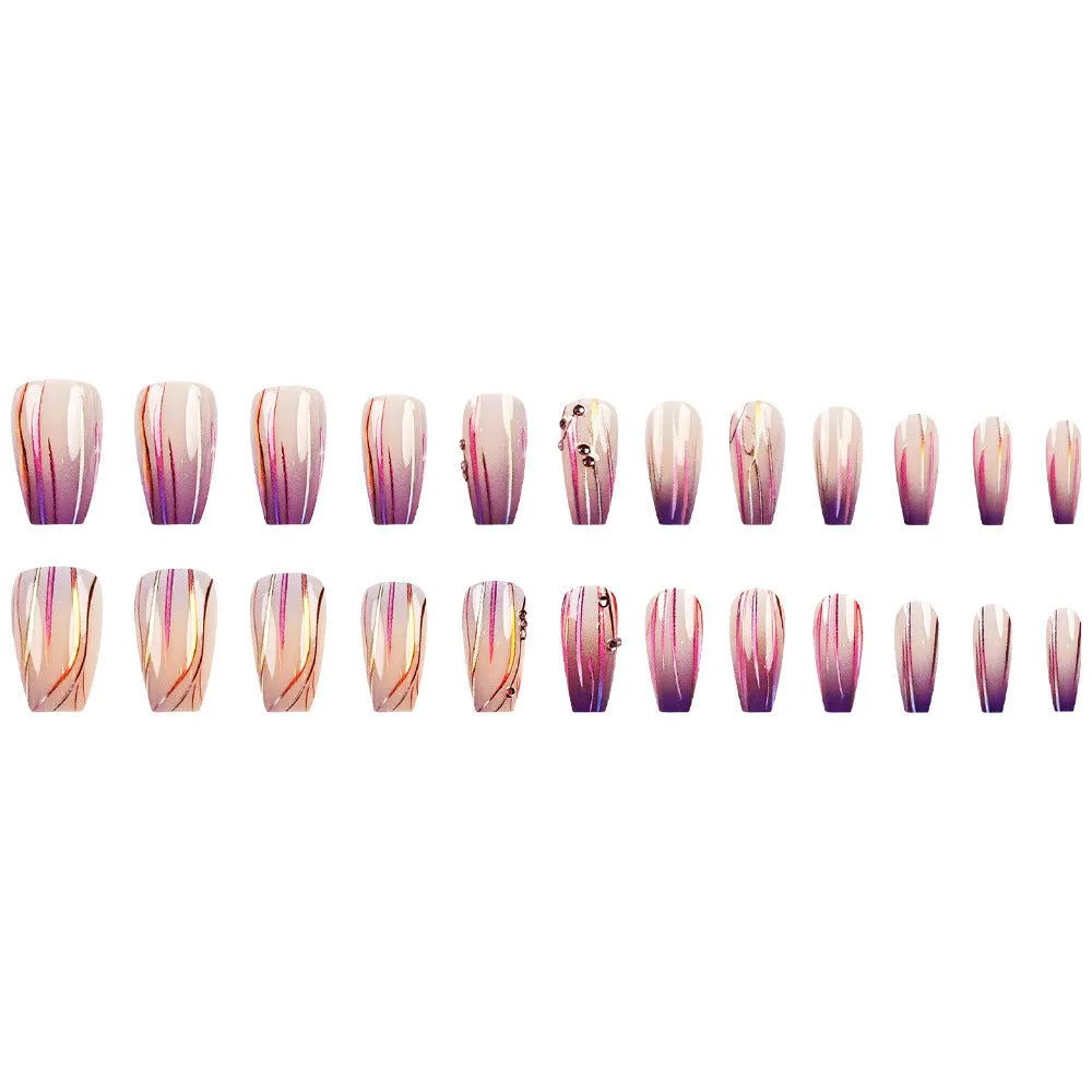 Magic purple gradient nail stickers with starry sky pattern, short ballet length, 24-piece set with jelly glue