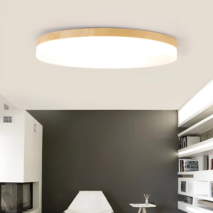 Japanese minimalist wooden and acrylic LED ceiling lamp with three-colour lighting on a white ceiling.