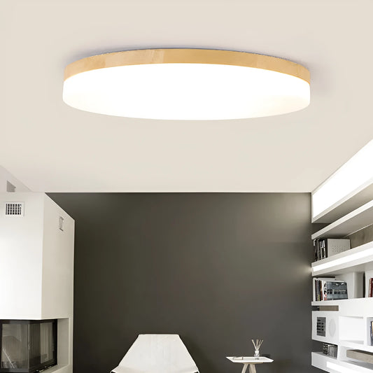 Japanese minimalist wooden and acrylic LED ceiling lamp with three-colour lighting on a white ceiling.