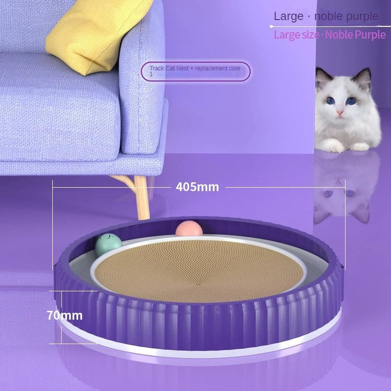 Round cat scratching board with removable pad and toy bell ball in navy blue