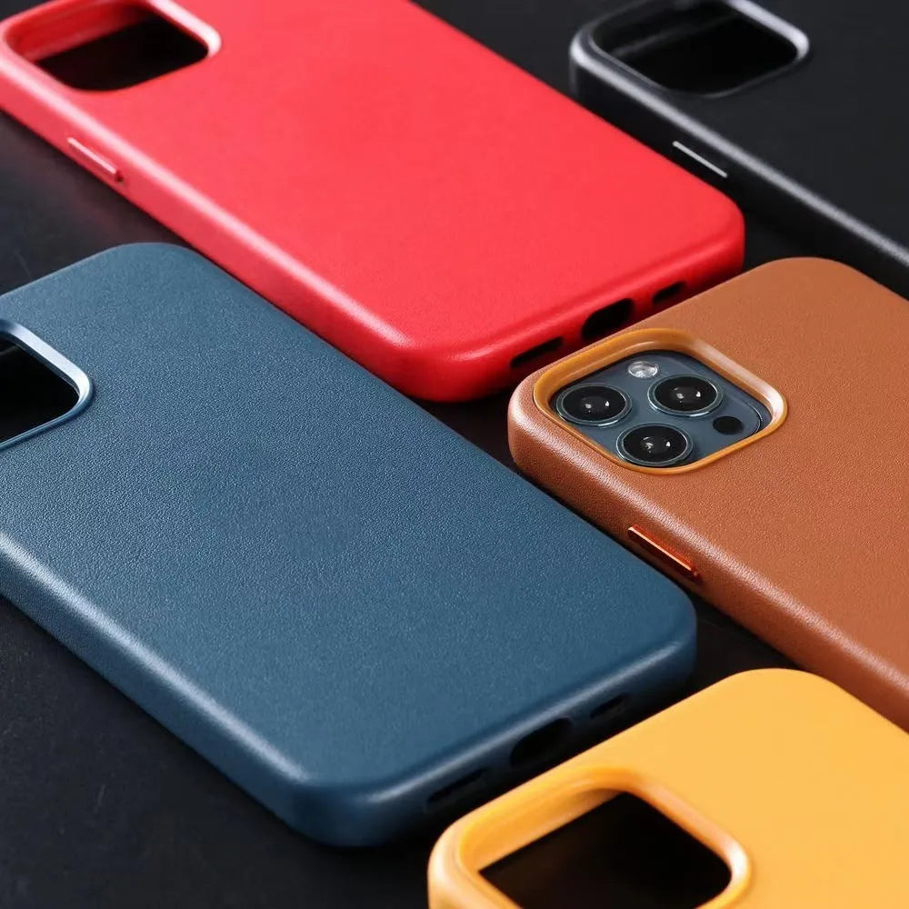 Real cowhide leather iPhone case for 12 and 13 Pro Max models in multiple colours.