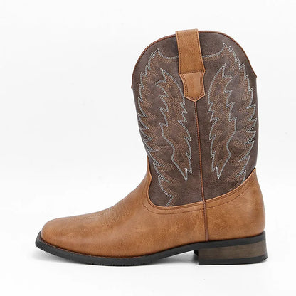 Men's black western denim square toe motorcycle boots with low wedge heel and embroidery detail.