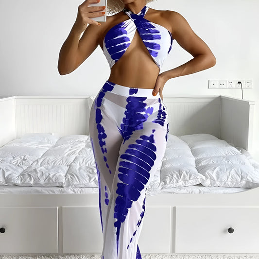 Women's black and blue printed three-piece bikini set with mesh trousers for swimming and fitness.