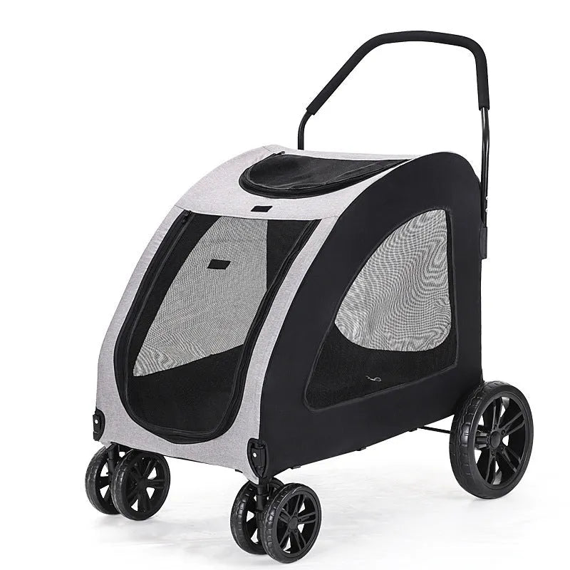 Foldable pet stroller for medium to large dogs in grey, blue, red, or black, with metal and cloth frame.