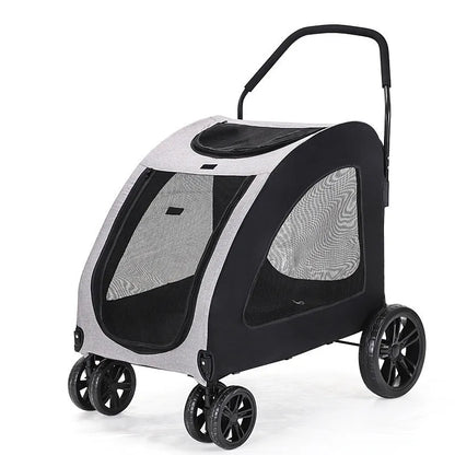 Foldable pet stroller for medium to large dogs in grey, blue, red, or black, with metal and cloth frame.
