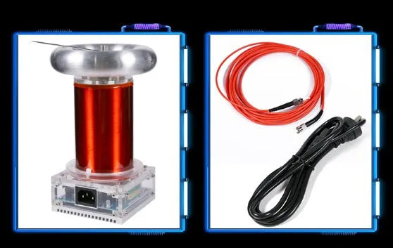 Music Tesla coil driver board with controller, cables, and glowing electrical arcs
