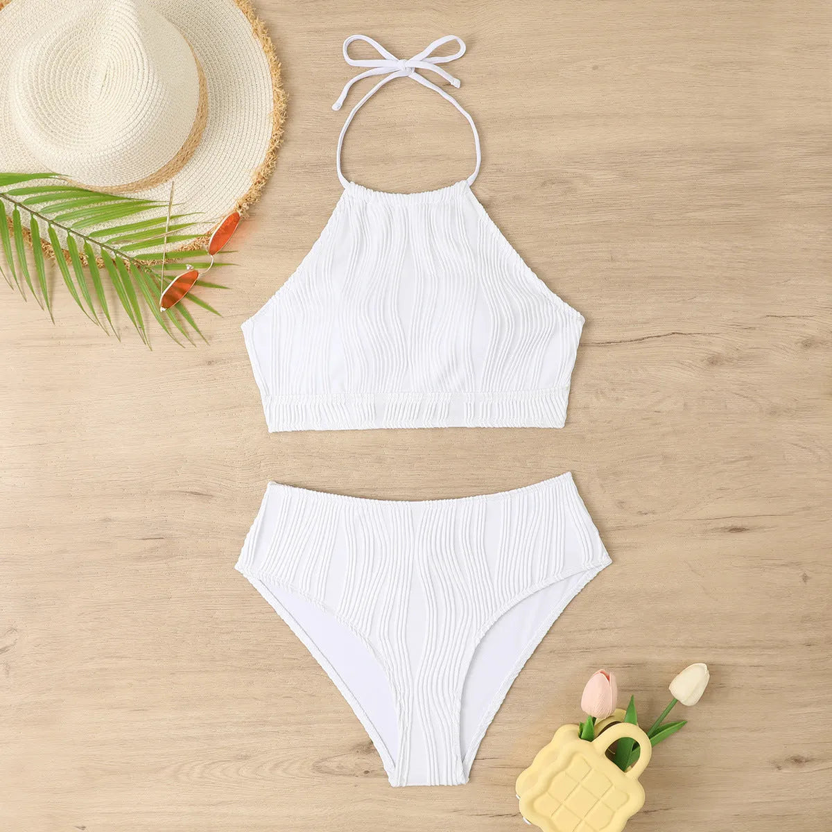 Women's conservative high-waist apron swimwear two-piece set in solid colour