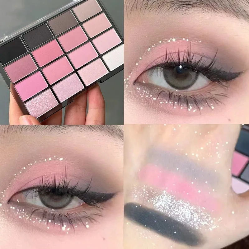 16-colour eye shadow palette showing matte and shimmer powder shades in pink, brown and lavender tones