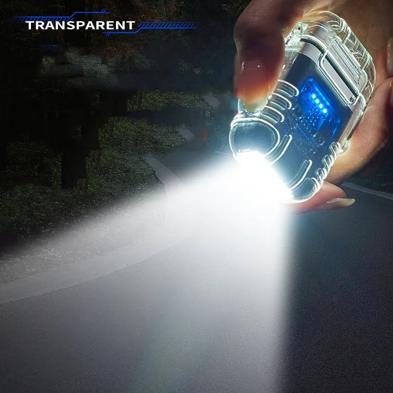 Transparent shell electronic lighter showing plasma arc with detachable pocket clip and paracord lanyard
