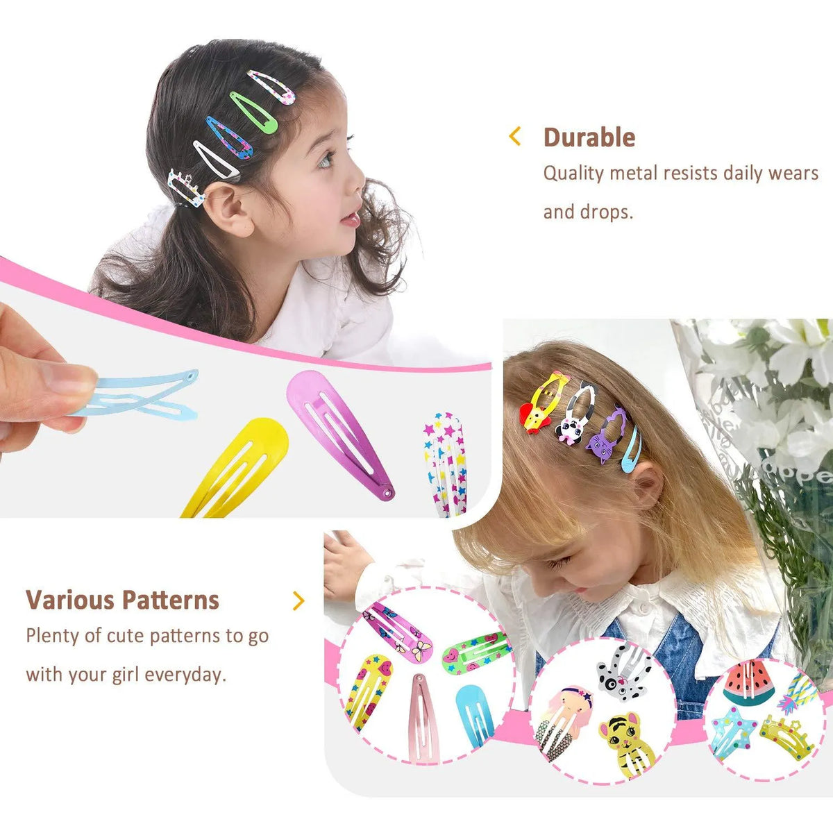Assortment of 100 brightly coloured metal hair clips with cartoon designs of animals, fruits, crowns, stars, and drop shapes.