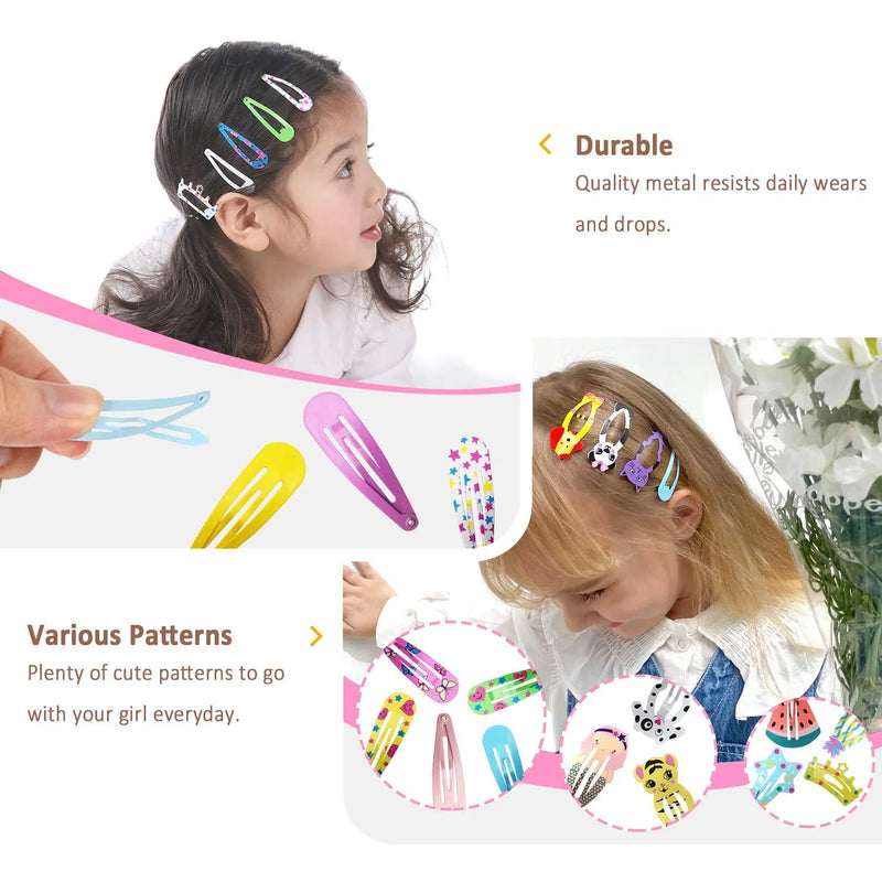 100-Piece Hair Clips for Girls, Kids, Teens, and Women, Made with No-Slip Metal Snap Barrette Design in Assorted Cartoon Patterns including Animals, Fruits, Crowns, Stars, and Drop-Shaped Styles in Bright Candy Colours