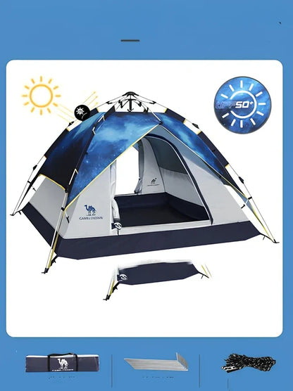 Automatic folding camping tent in blue set up on grass showing 220cm length and 120cm height