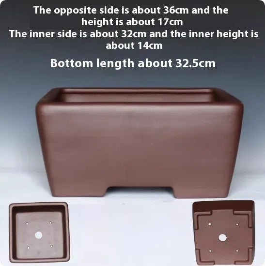 Square purple clay succulent bonsai pot with classical design on wooden table