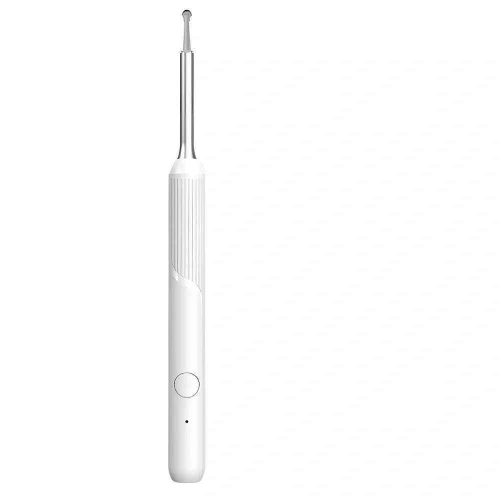 Visual ear cleaning device with camera, ear scoop attachments, and charging cable on white background