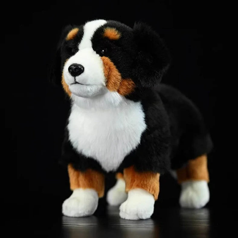 Bernese Mountain Dog plush toy measuring 29cm from mouth to bottom, featuring authentic black colouring and soft chemical fibre construction for realistic animal representation