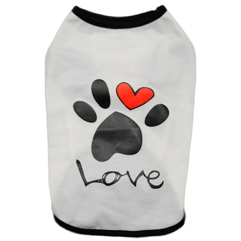 Cotton pet dog top with printed love design and short sleeves, shown in black or white, sizes XS to XXL