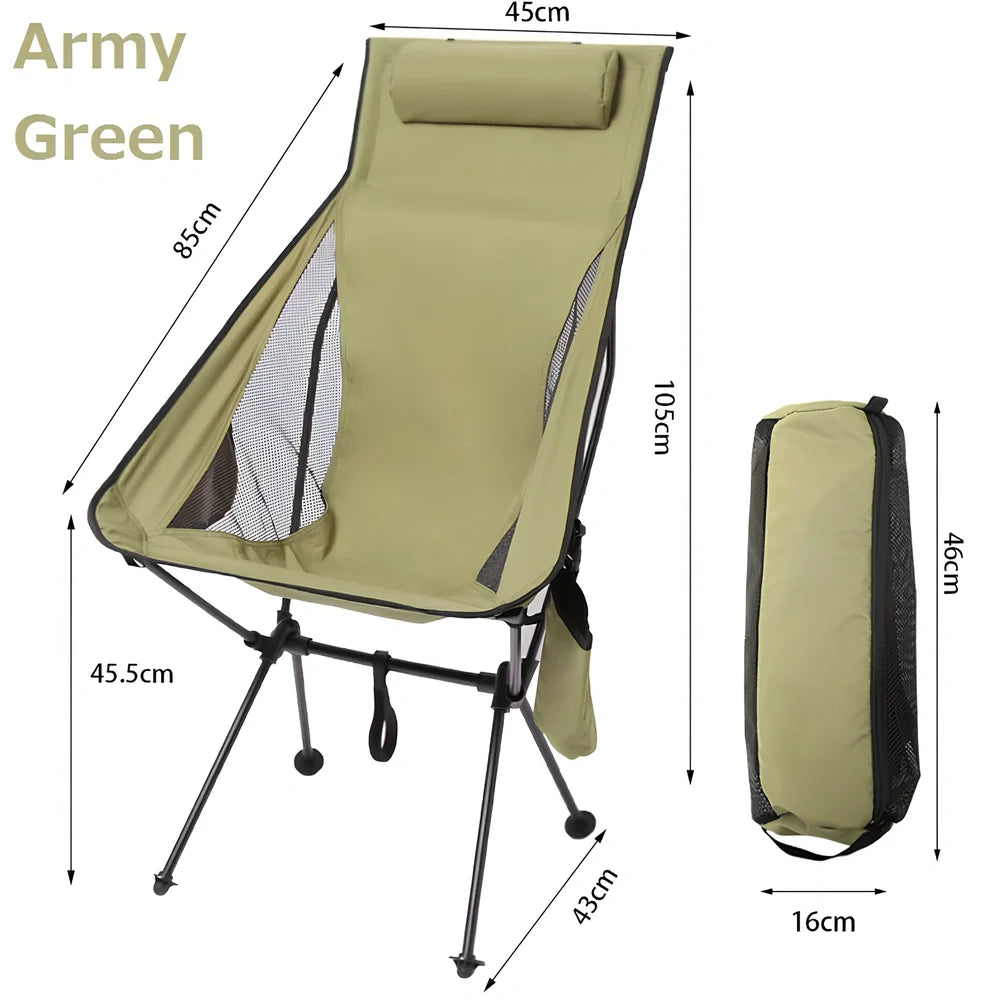 Army green outdoor folding chair with adjustable backrest and legs in reclined position on grass