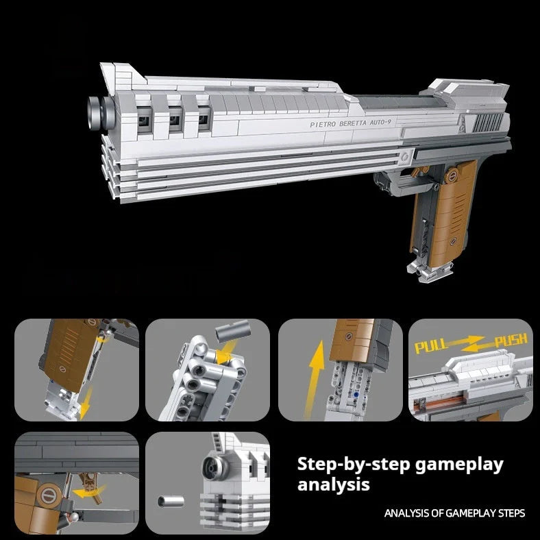 Children's toy gun model with small particle building blocks in colour box packaging