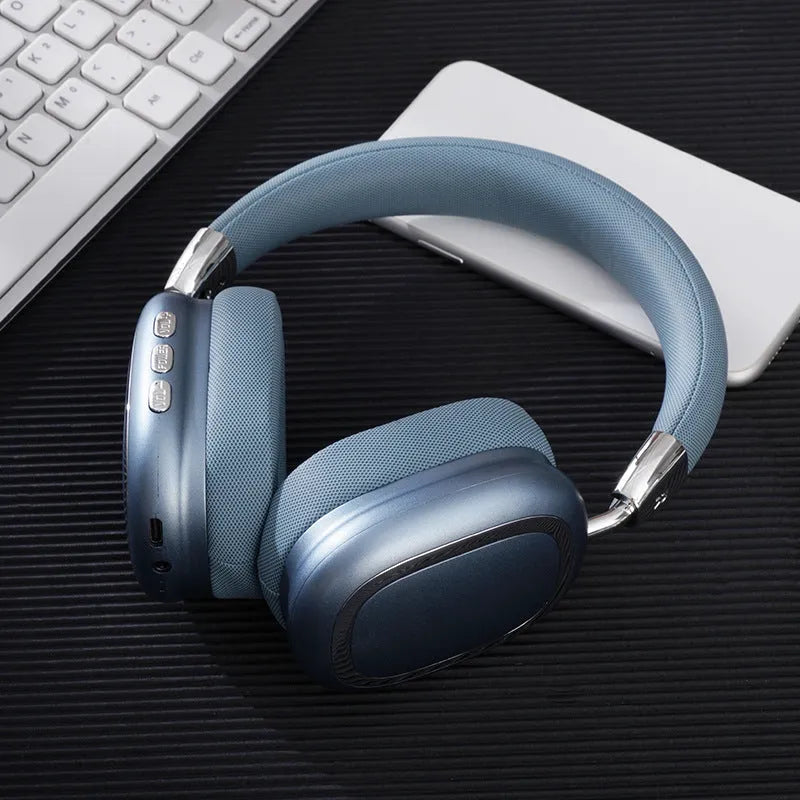 Bluetooth over-ear headset in dark black with 40mm subwoofer speaker, Type-C port, and PC ABS frame